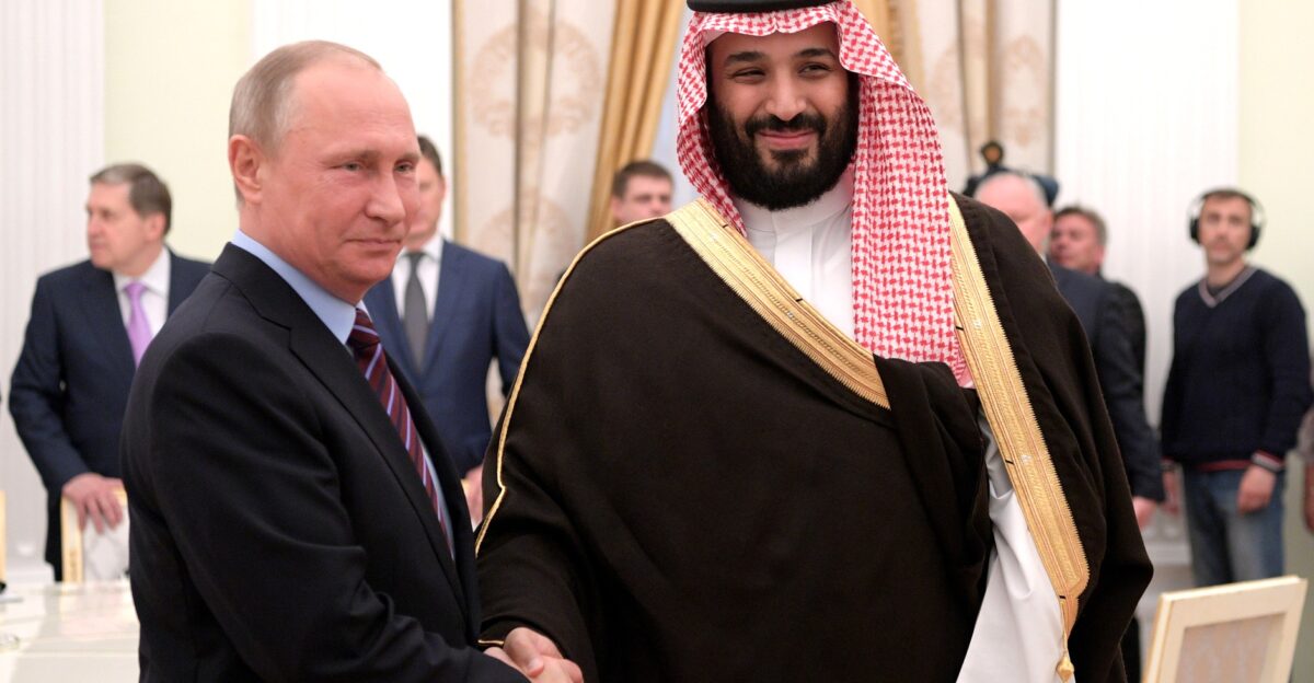 Vladimir Putin with Deputy Crown Prince and Defence Minister of Saudi Arabia Mohammad bin Salman Al Saud
