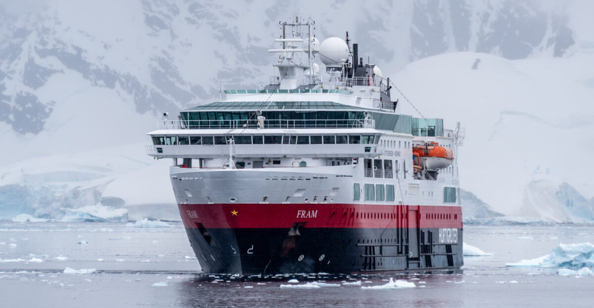 Expedition ship MS FRAM - IMO 9370018 at Brown Station Argentina - Estaci n Cient fica Almirante Brown in Paradise Bay Antarctica on March 6 2019