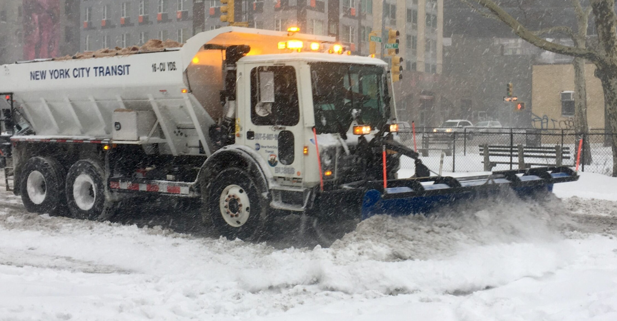 <p>MTA crews were deployed from Wednesday, January 3, through Friday, January 5, to clear facilities of snow and ice as the winter storm swept through the region. NYC Transit personnel cleared snow and salted platforms, as well as station entrances, sidewalk vents, emergency exits and other Transit operational and employee facilities.
</p><p>This photo shows a NYC Transit snow plow in operation on Thursday, January 4, 2018, in Manhattan. Bus operations had 100 snowfighting pieces of equipment in preparation for the winter storm.
</p>
Credit: MTA New York City Transit