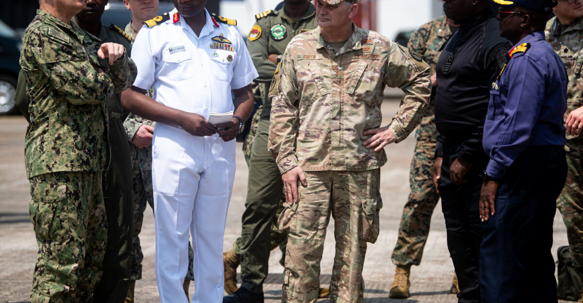 N-DK722-1018 Feb 2 2023 LAGOS Nigeria - Leadership from U S Naval Forces Europe-Africa U S Africa Command the Nigerian Navy and the Nigerian Navy Special Operations Forces discuss maritime readiness during a visit to Naval Air Base Ojo in Lagos Nigeria Feb 2 2023 during Obangame Express 2023 Obangame Express 2023 conducted by U S Naval Forces Africa is a maritime exercise designed to improve cooperation and increase maritime safety and security among participating nations in the Gulf of Guinea and Southern Atlantic Ocean U S Sixth Fleet headquartered in Naples Italy conducts the full spectrum of joint and naval operations often in concert with allied and interagency partners in order to advance U S national interests and security and stability in Europe and Africa U S Navy photo by Mass Communication Specialist 1st class Cameron C Edy