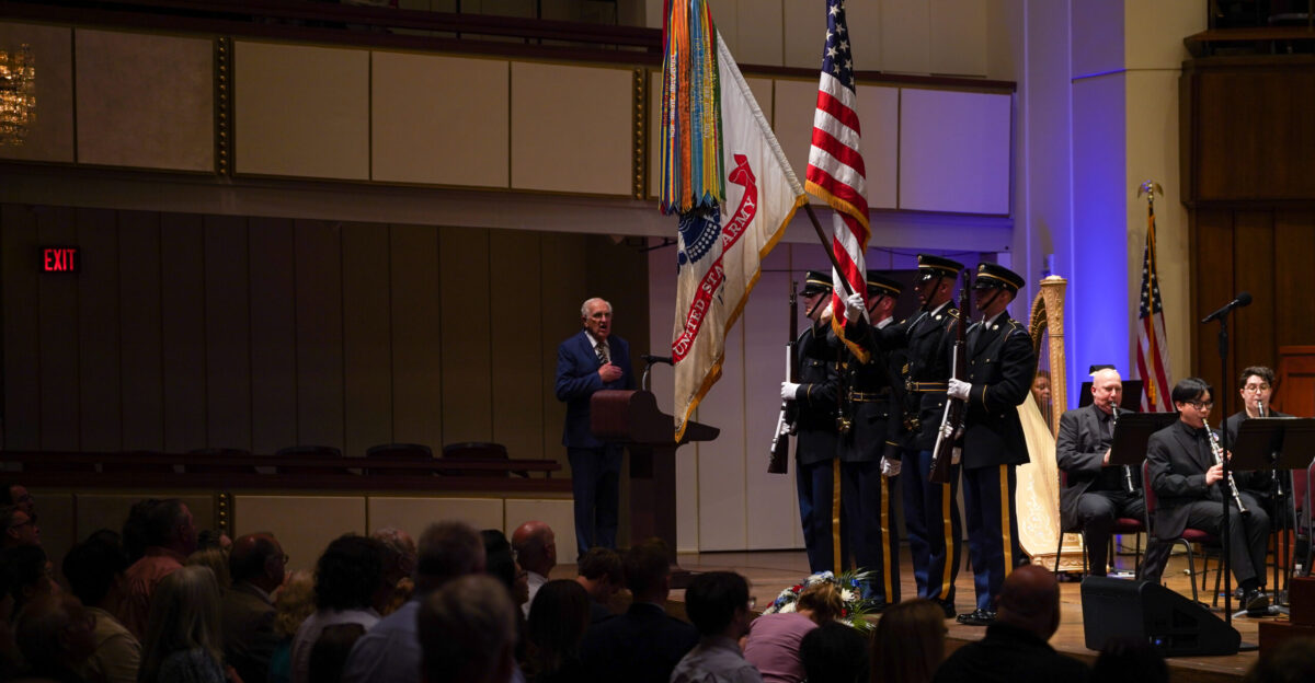 Soldiers assigned to the 3d U S Infantry Regiment The Old Guard present the American Flag for the National Memorial Day Choral Festival in The John F Kennedy Center for the Performing Arts Washington May 25 2025 The festival is designed to honor America s Veterans and fallen heroes through musical tribute U S Army photo by Sgt Nathan Winter