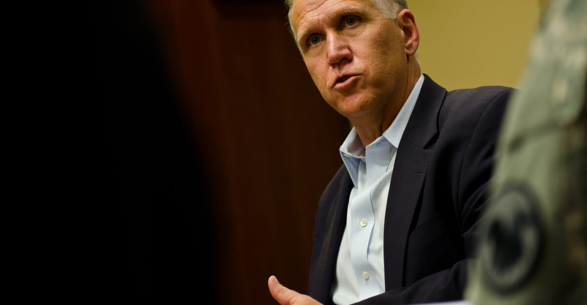 North Carolina Sen Thom Tillis visits with U S Army Reserve senior command staff to discuss benefits capabilities and needs of the Army Reserve at U S Army Reserve Command headquarters Fort Bragg N C April 8 2015 The first-term Republican senator returns home to North Carolina and to Fort Bragg after a week in the Middle East where he met with key leaders and service members U S Army Reserve photo by Brian Godette released