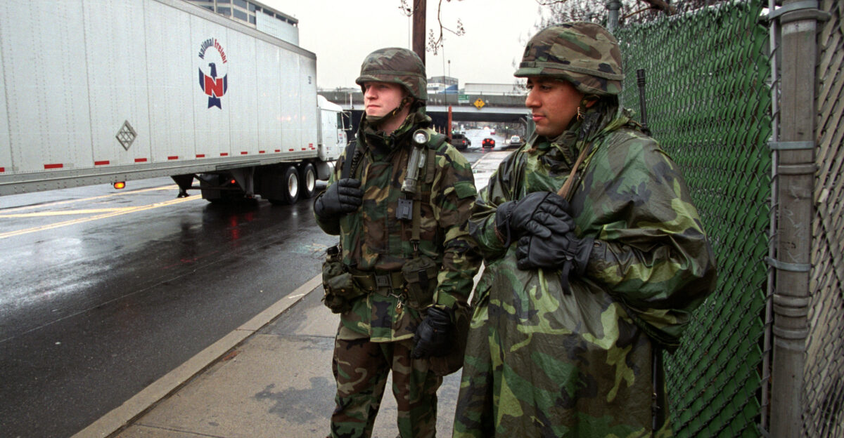 Soldiers with the 50th Main Support Battalion New Jersey Army National Guard guard strategic points at the George Washington Bridge Fort Lee N J Dec 18 2001 The Soldiers were mobilized in support of Operation Noble Eagle to provide security at critical infrastructure locations in New Jersey U S Air National Guard photo by Tech Sgt Mark C Olsen Released Unit New Jersey National Guard DVIDS Tags Security Soldier Global War on Terror Battalion Guard New Jersey Airport 9 11 Sept 11 Terrorist attack Homeland Security Response Jersey City Sept 11 2001 ONE Call up Support Soldiers New Jersey Army National Guard Fort Lee Military mobilization United States Army USA Army N J National Guard Army National Guard War on Terror Weehawken Homeland Defense ARNG Operation Noble Eagle Civil support New Jersey National Guard NJARNG NJNG 50th Main Support Battalion photo by Tech Sgt Mark C Olsen Security missions 50th MSB Lincoln Tunnel George Washington Bridge Attack on America Defending America Partial mobilization Domestic security operation Domestic security Civil support mission Holland Tunnel Dec 18 2001