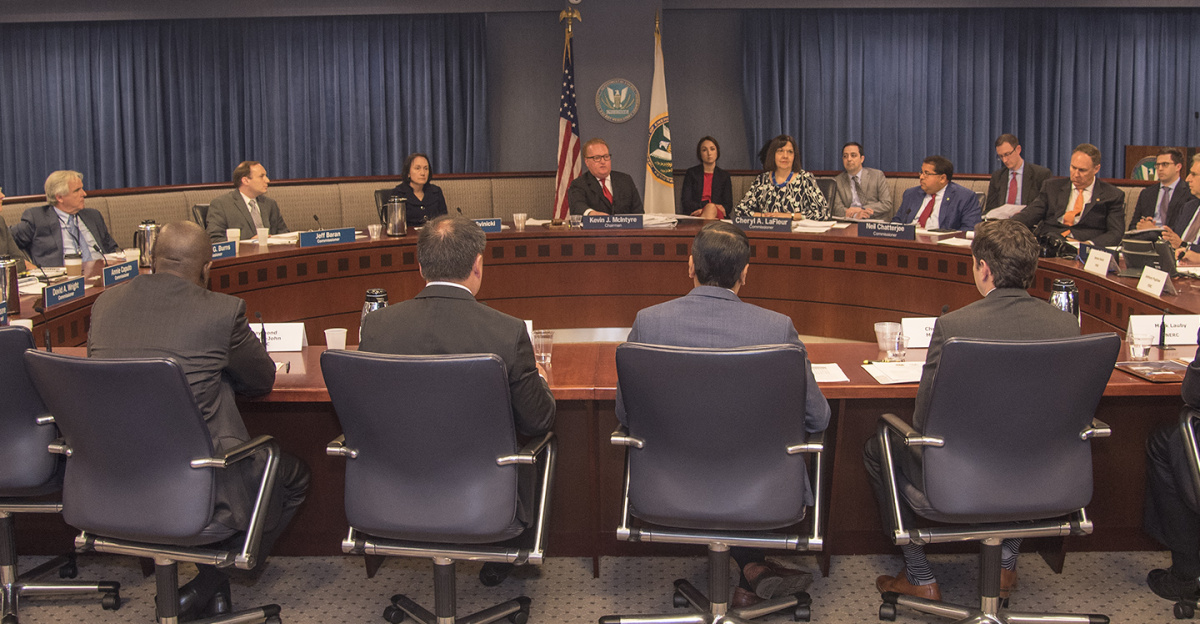 <p>Commissioners and staff from the NRC and the Federal Energy Regulatory Commission met recently to discuss grid reliability, cyber security and nuclear power plant issues at FERC headquarters in Washington, D.C.
</p><p>Photo courtesy of FERC
</p><p>Visit the Nuclear Regulatory Commission's website at <a href="<a rel="nofollow" class="external free" href="https://www.nrc.gov/">http://www.nrc.gov/</a>" rel="nofollow">www.nrc.gov/</a>.
</p><p>Photo Usage Guidelines: <a href="<a rel="nofollow" class="external free" href="https://www.flickr.com/people/nrcgov/">https://www.flickr.com/people/nrcgov/</a>">www.flickr.com/people/nrcgov/</a> 
</p><p>Privacy Policy: <a href="<a rel="nofollow" class="external free" href="https://www.nrc.gov/site-help/privacy.html">http://www.nrc.gov/site-help/privacy.html</a>" rel="nofollow">www.nrc.gov/site-help/privacy.html</a>.
</p>
For additional information, or to comment on this photo contact: <a href="<a rel="nofollow" class="external free" href="mailto:opa.resource@nrc.gov">mailto:opa.resource@nrc.gov</a>" rel="nofollow">OPA Resource</a>.