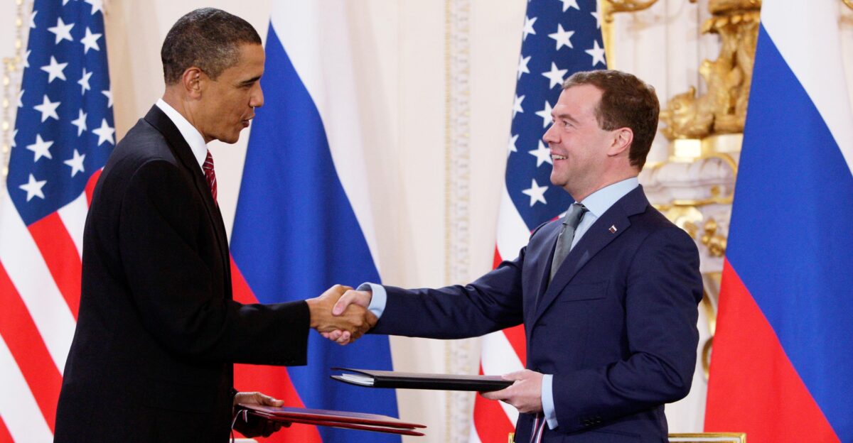 Barack Obama and Dmitry Medvedev after signing the New START treaty in Prague