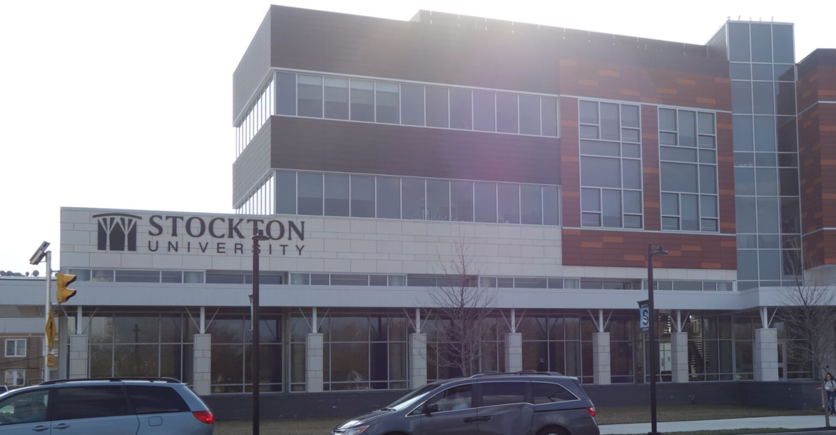 Looking at the John F. Scarpa Academic Center of Stockton University's Atlantic City campus from O'Donnell Memorial Park (previously Chelsea Park), at the northwest corner of Atlantic Avenue and South Albany Avenue in Atlantic City, New Jersey. This was originally the site of Atlantic City High School, which was moved to a new campus on Great Island in 1994.