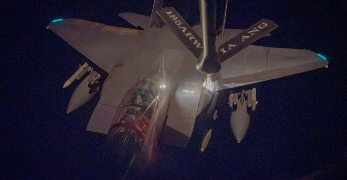 U S CENTRAL COMMAND AREA OF RESPONSIBILITY Dec 19 2025 A U S Air Force F-15E Strike Eagle aircraft receives fuel from a KC-135 Stratotanker aircraft during Operation HAWKEYE STRIKE over the U S Central Command area of responsibility Dec 19 2025 U S Air Force Photo