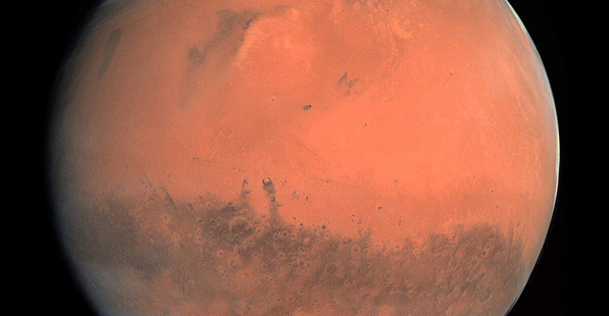 True color image of Mars taken by the OSIRIS instrument on the ESA Rosetta spacecraft during its February 2007 flyby of the planet The image was generated using the OSIRIS orange red green and blue filters Alternative description The first true-colour image generated using the OSIRIS orange red green and blue colour filters The image was acquired on 24 February 2007 at 19 28 CET from a distance of about 240 000 km image resolution is about 5 km pixel