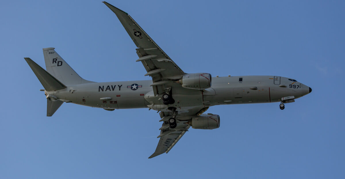 A US Navy P-8 Poseidon on final approach to Kadena Air Base in Okinawa Japan
