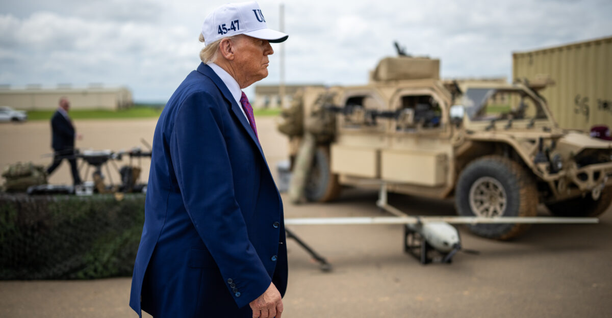 President Donald Trump walks by military equipment after disembarking Marine One before a military demonstration at Fort Bragg North Carolina on Tuesday June 10 2025 during a visit to commemorate the 250th anniversary of the U S Army Official White House Photo by Daniel Torok