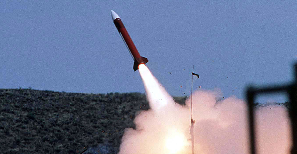 A Patriot missile is launched by soldiers of the 11th Brigade, 43rd Air Defense Artillery, at McGregor Range near El Paso, Texas, on April 30, 1997. More than 20,000 service members from all branches of the armed forces of the U.S., Canada, Germany, and the Netherlands are participating in Exercise Roving Sands '97. The exercise is designed to refine their skills in operations using an integrated air defense network of ground, missile and radar early warning systems combined with tactical fighter and bomber aircraft operating in a simulated high-threat environment. The 43rd Air Defense Artillery is deployed for the exercise from Fort Bliss, Texas.