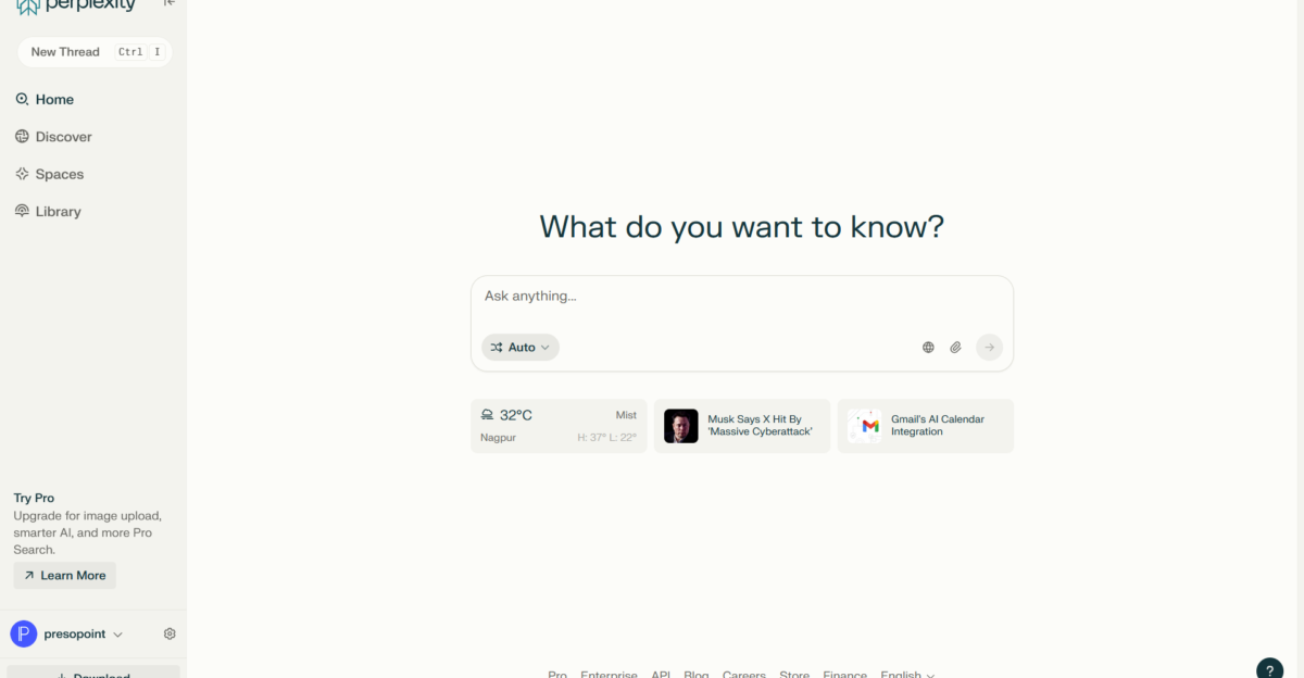 Image of Perplexity s AI homepage