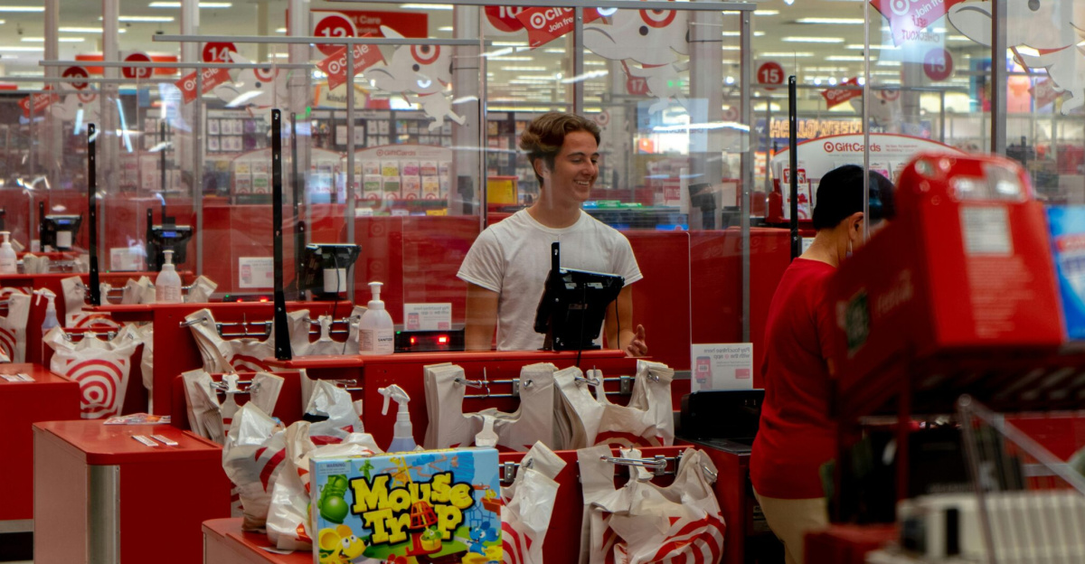 A bustling checkout area in a retail store, capturing the essence of modern shopping.