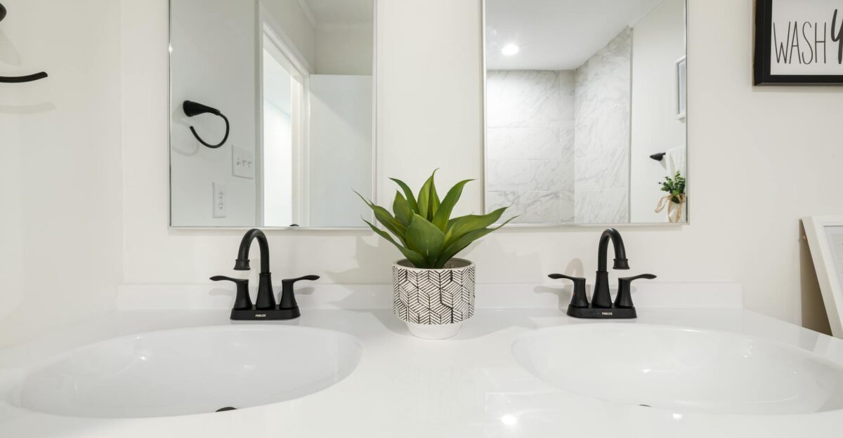 Sleek modern bathroom featuring a double vanity with black faucets and a potted plant