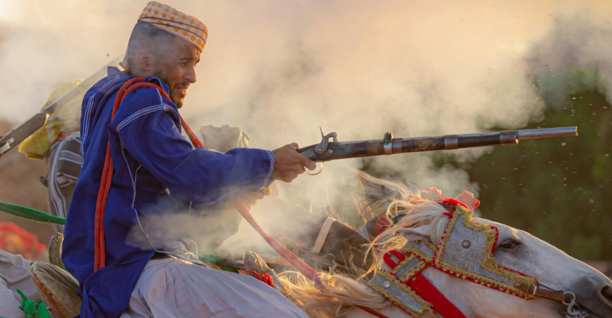 Vibrant Algerian festival with traditional costumes, horses, and cultural reenactment displays.