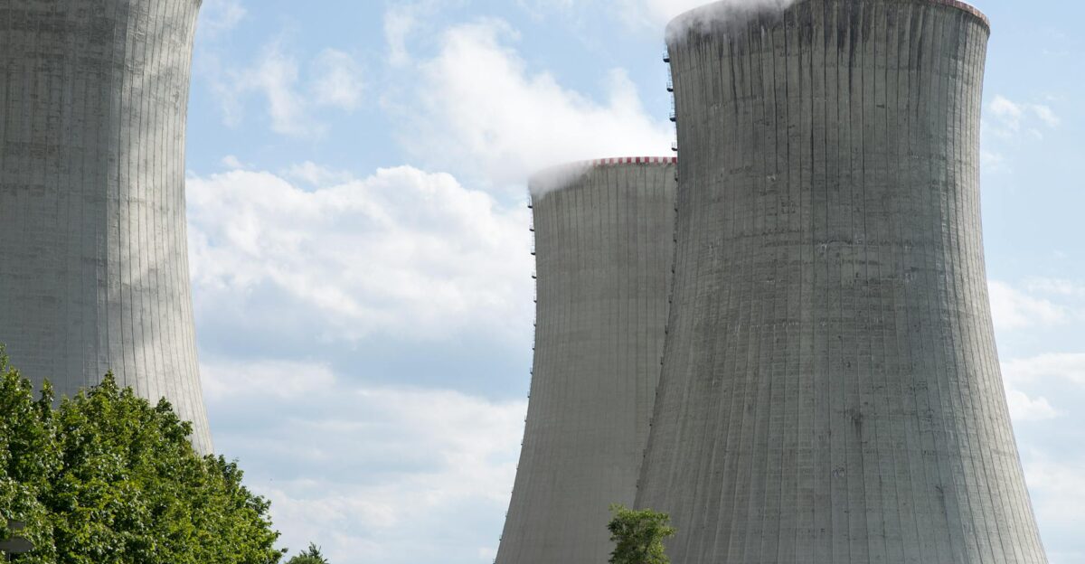 Cooling towers of Dukovany nuclear power plant with steam on a clear day