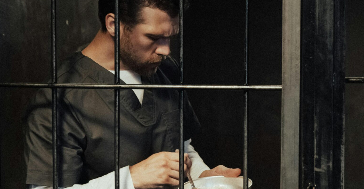 A male prisoner stands in a jail cell, eating a meal from a bowl.
