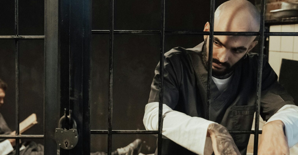 Two men in a dimly lit prison cell, one reading on bed, the other standing somberly by bars.