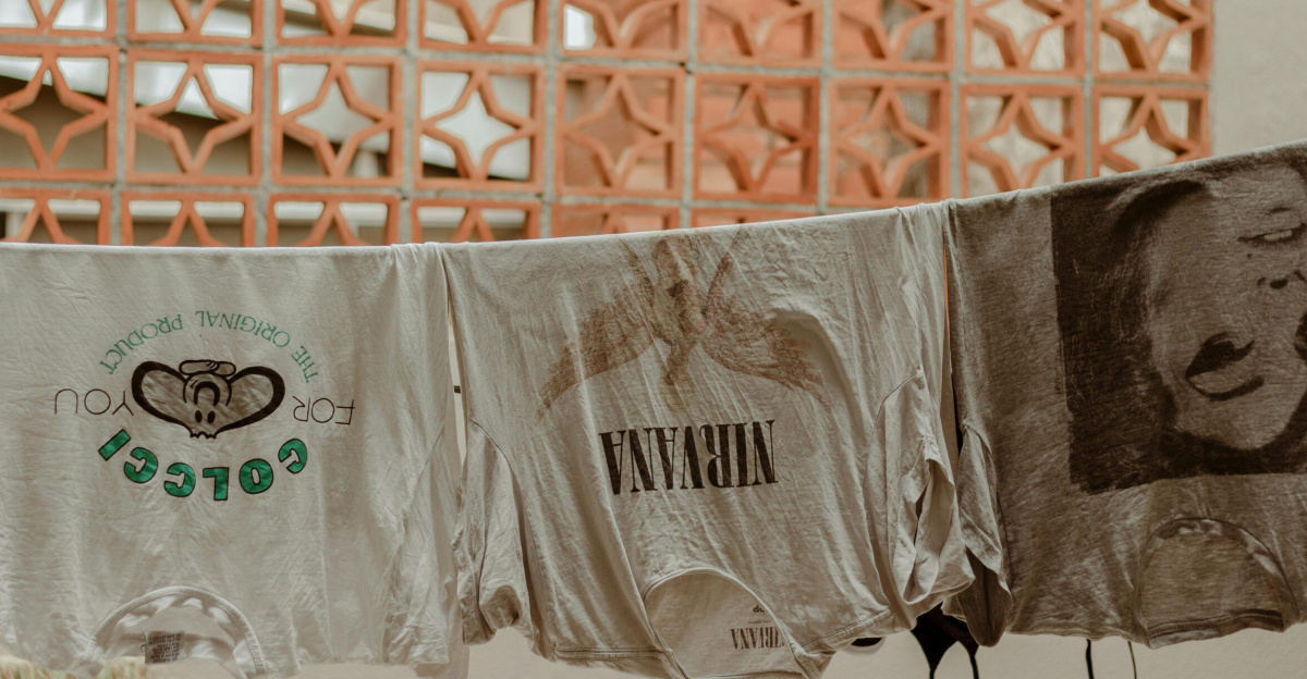 Retro t-shirts, including a Nirvana print, drying outdoors on a clothesline.