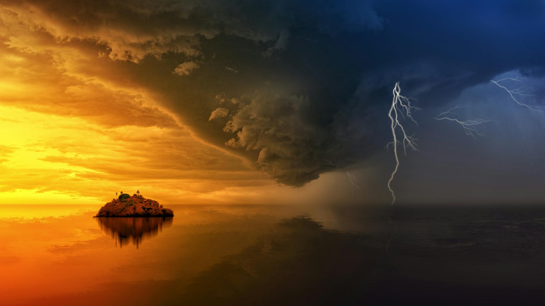 A stunning display of a stormy sunset with lightning striking over a solitary island