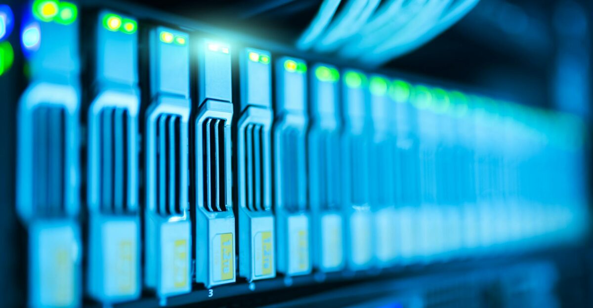 Detailed image of a server rack with glowing lights in a modern data center