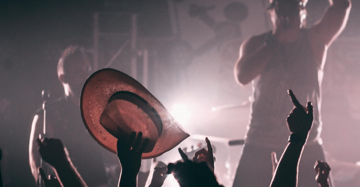 Silhouette of an energetic crowd enjoying a live concert with a performer on stage.