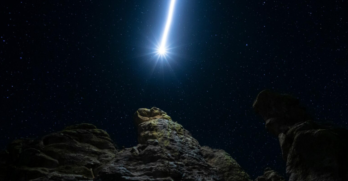 Majestic comet and starry night sky above dramatic rock formations in Durango, Mexico.