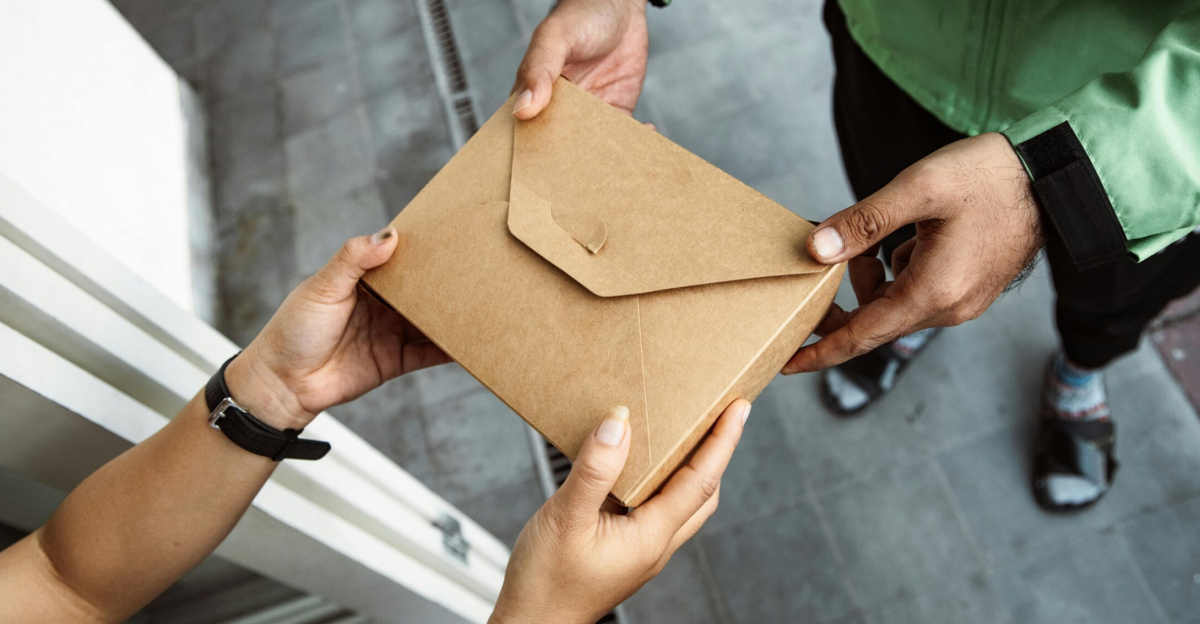 A delivery person hands over a package to a customer outdoors, showing modern service interaction.