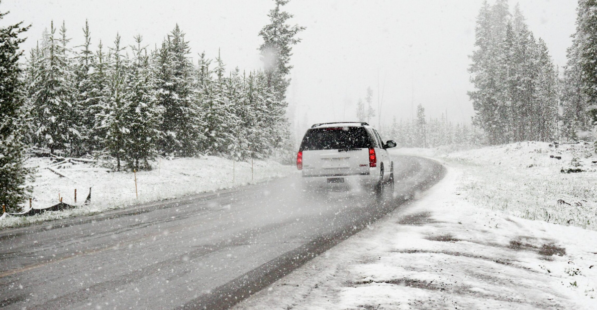 A car drives on a snowy road surrounded by trees during a snowstorm, creating a wintry scene.