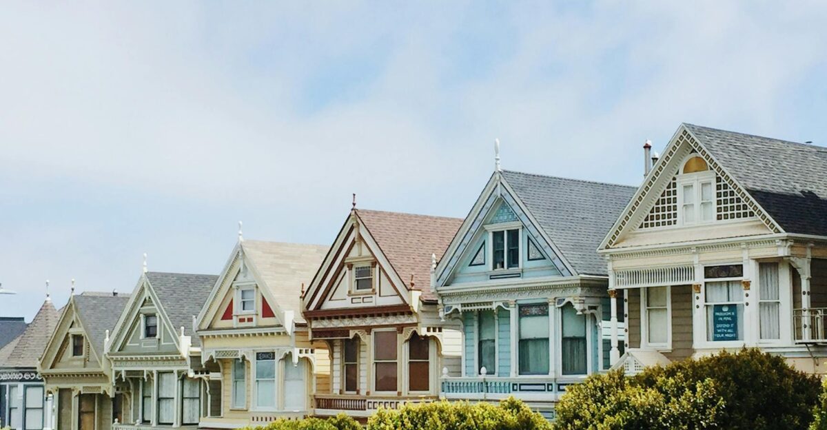Iconic Painted Ladies Victorian houses in San Francisco with clear blue skies