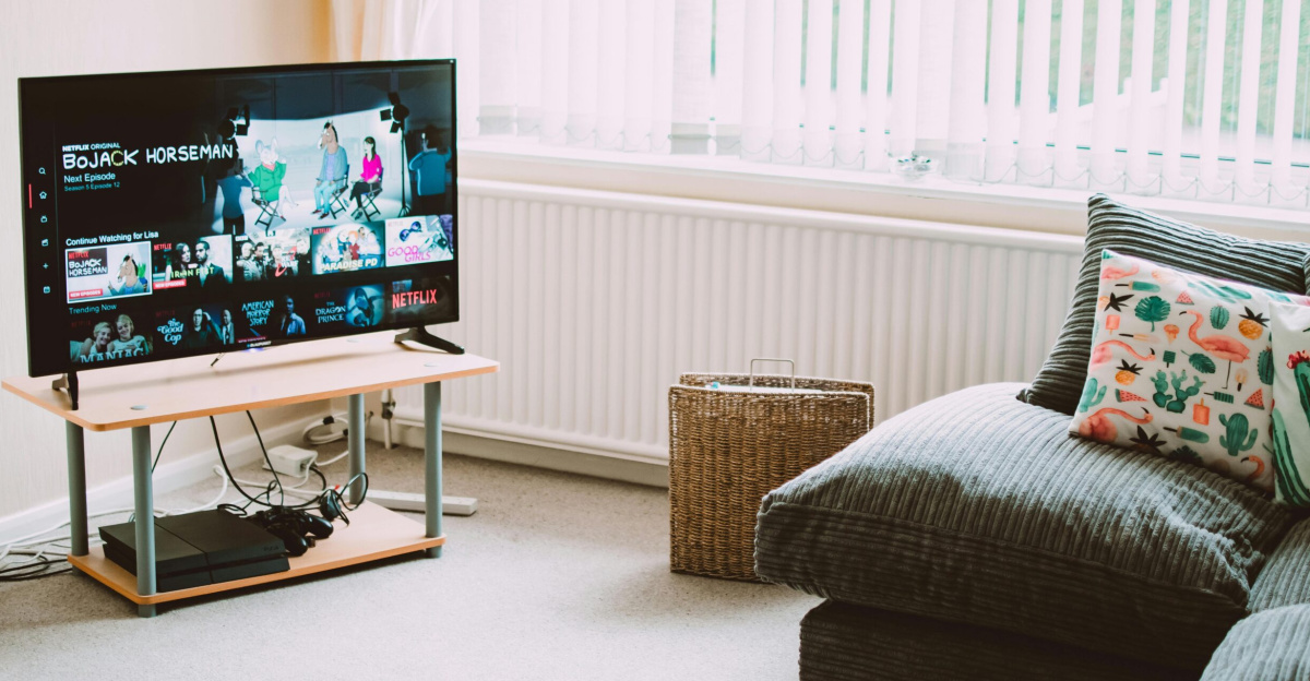 Chic and comfortable living room featuring a modern sofa, decorative pillows, and a TV streaming popular shows.