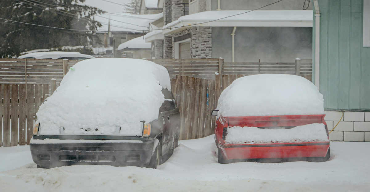 Two snow-covered cars parked on a quiet winter street in Surrey, BC, Canada.