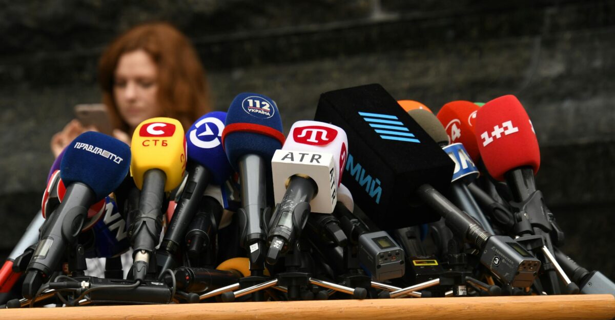 Various microphones setup at a press conference in Kyiv Ukraine