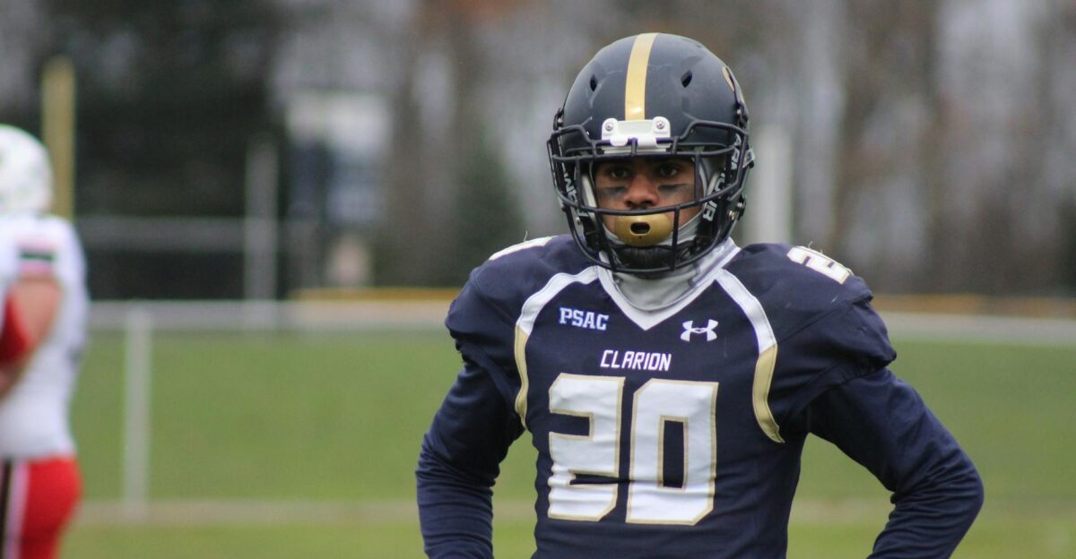 Focused American football player wearing a helmet and uniform prepared for the game on a grassy field