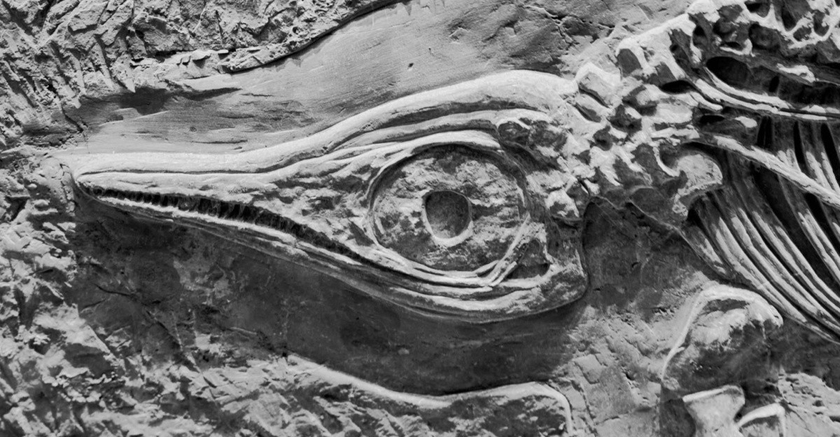 Close-up view of dinosaur fossil showcasing intricate skeletal details and textures.