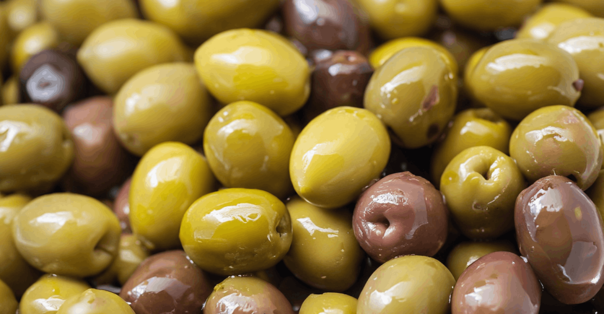 A close-up of fresh green and black olives showcasing rich textures and colors