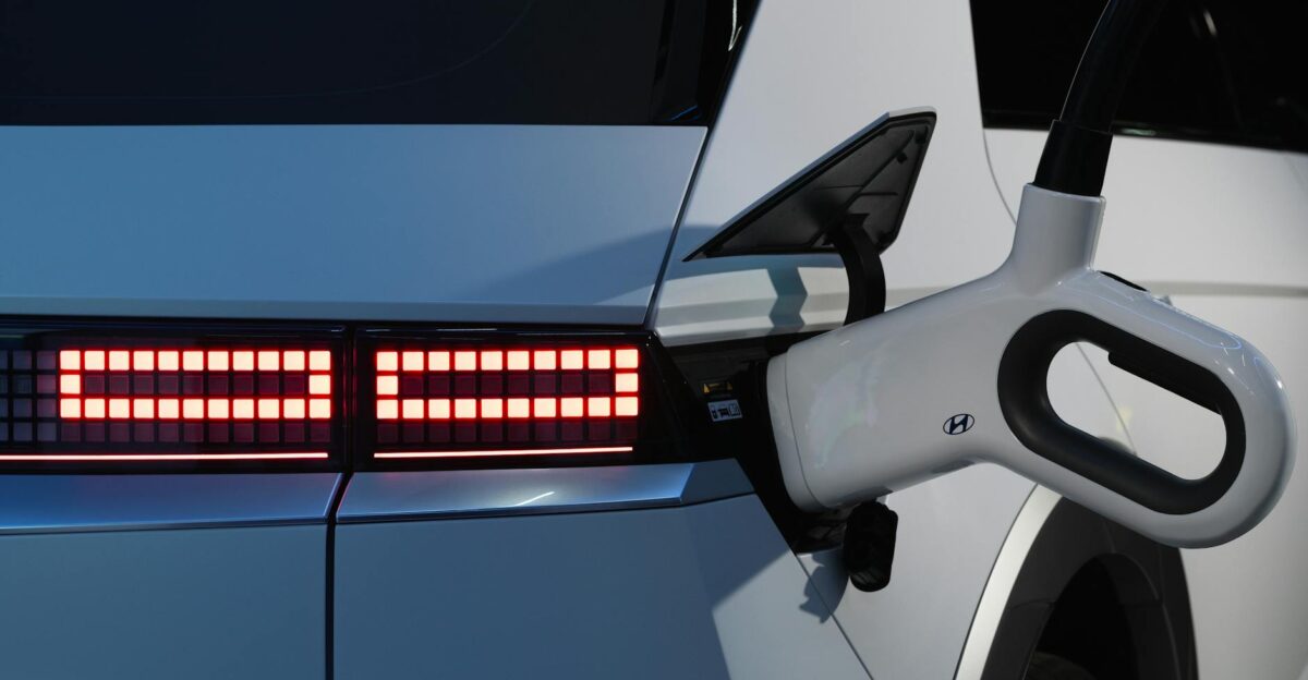 Close-up of a Hyundai Ioniq 5 charging showcasing sustainability and innovation