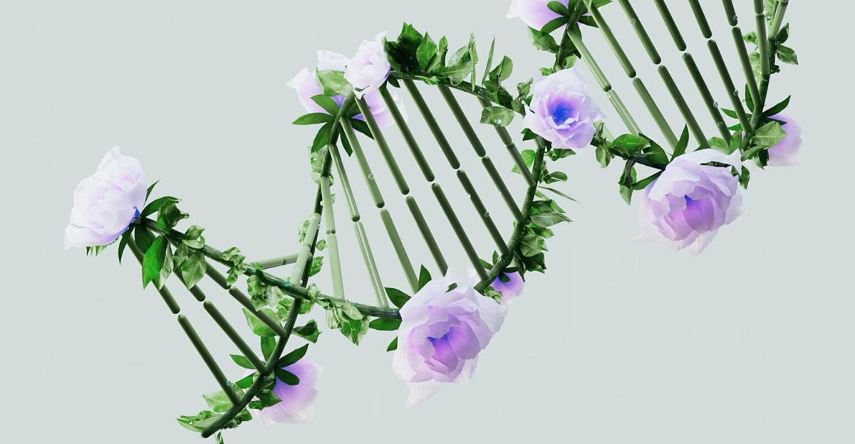 A creative representation of a DNA helix with blooming pastel roses, blending nature and science.