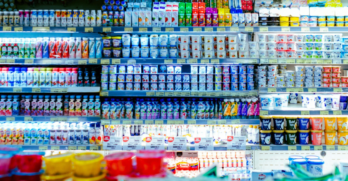 Vibrant shelves of diverse dairy products in a West Java supermarket.