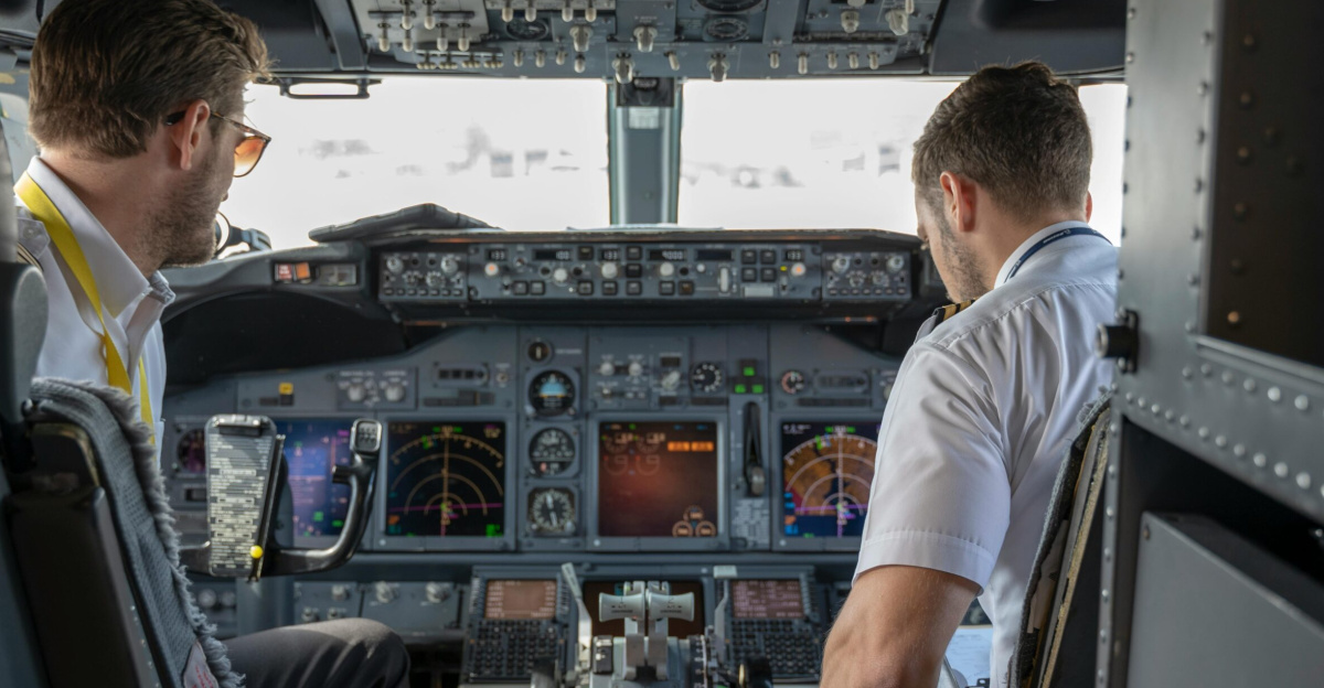 Two pilots navigating an aircraft cockpit, focused on advanced avionics and flight systems.