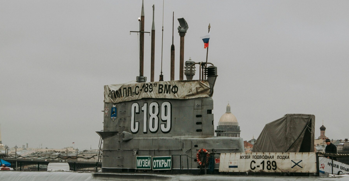 Submarine C-189 docked at museum ship in Saint Petersburg, Russia. Iconic naval landmark.