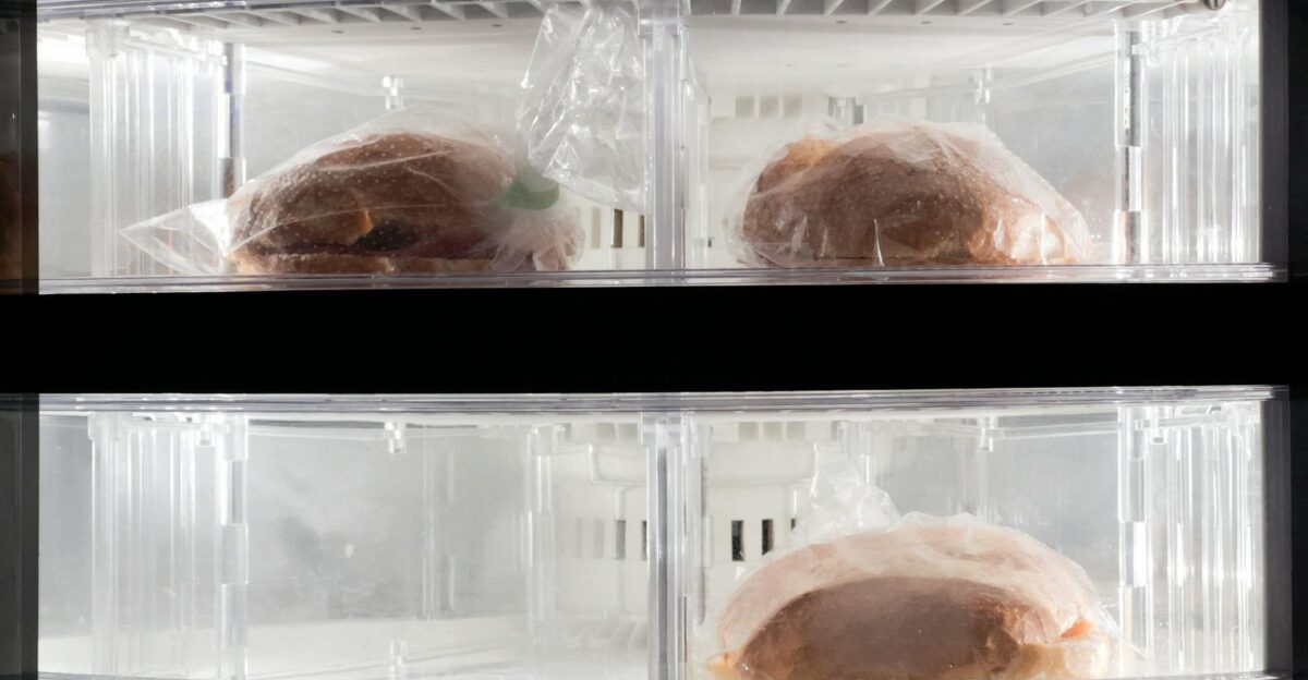 Clear view of two frozen sandwiches wrapped in plastic inside a refrigerator