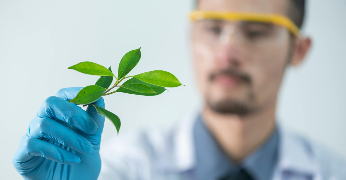 Young scientist wearing protective gloves and examining a plant sample in a laboratory setting.