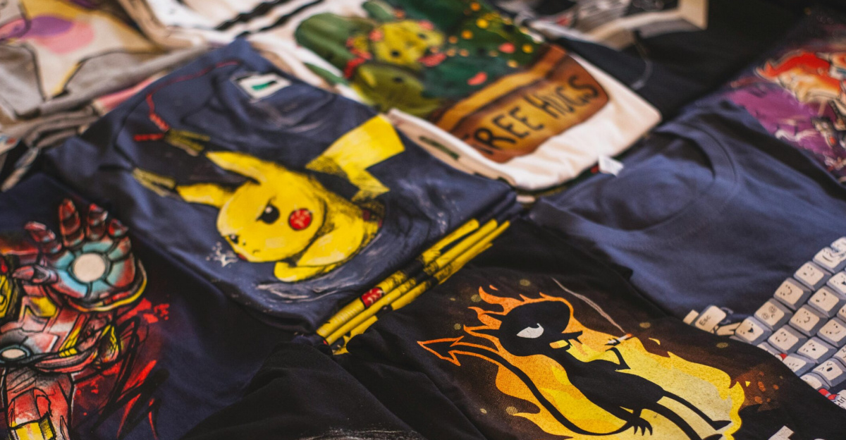 A vibrant assortment of graphic t-shirts featuring popular characters displayed in a market setting.