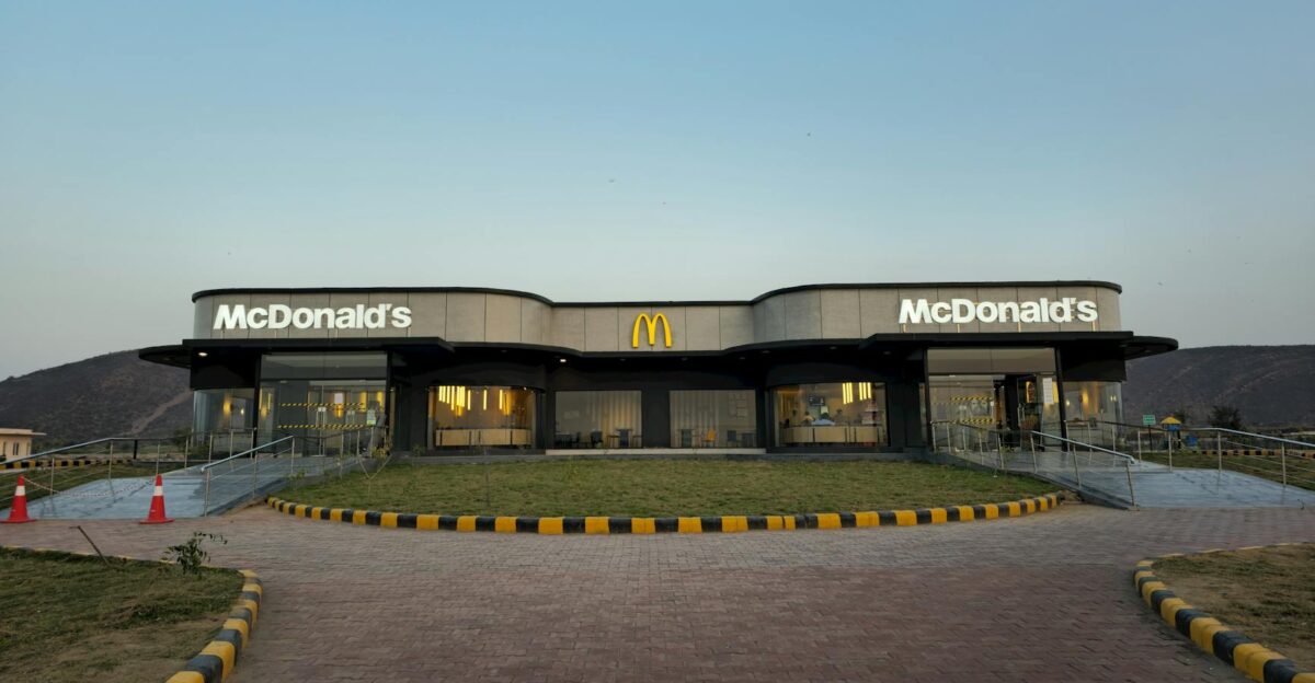 Front view of a McDonald s restaurant in Baghola India at sunset