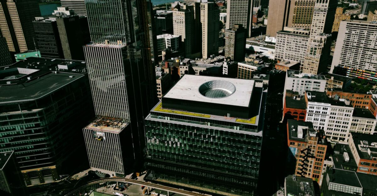Stunning aerial view of Detroit s downtown skyline featuring iconic architecture