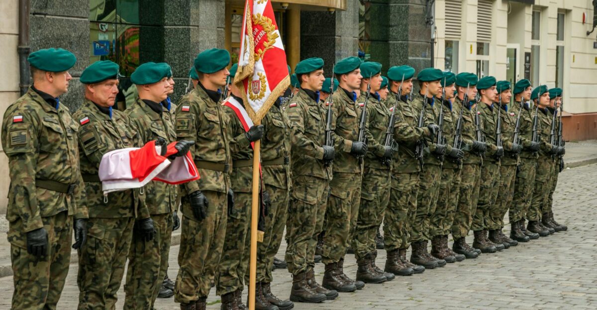 Polish soldiers in uniform during a ceremonial formation in Wroc aw Poland