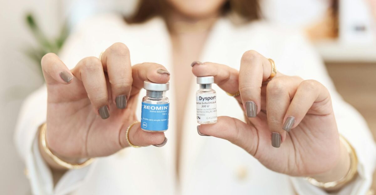 A close-up of a woman holding Xeomin and Dysport vials showcasing cosmetic treatment options