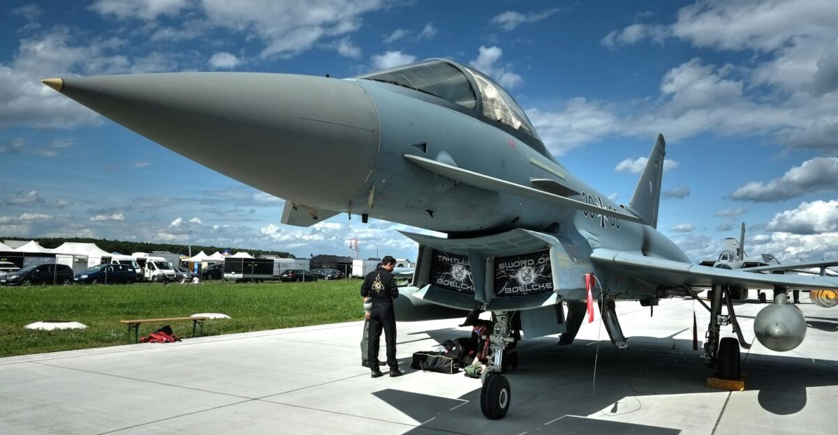 Eurofighter Typhoon fighter jet exhibited outdoors at Slovak aviation event
