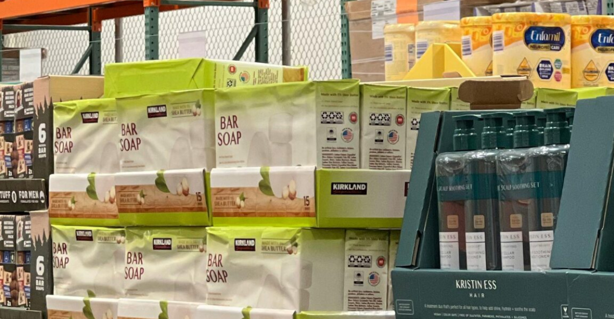 Bulk products displayed on shelves in a wholesale warehouse setting.